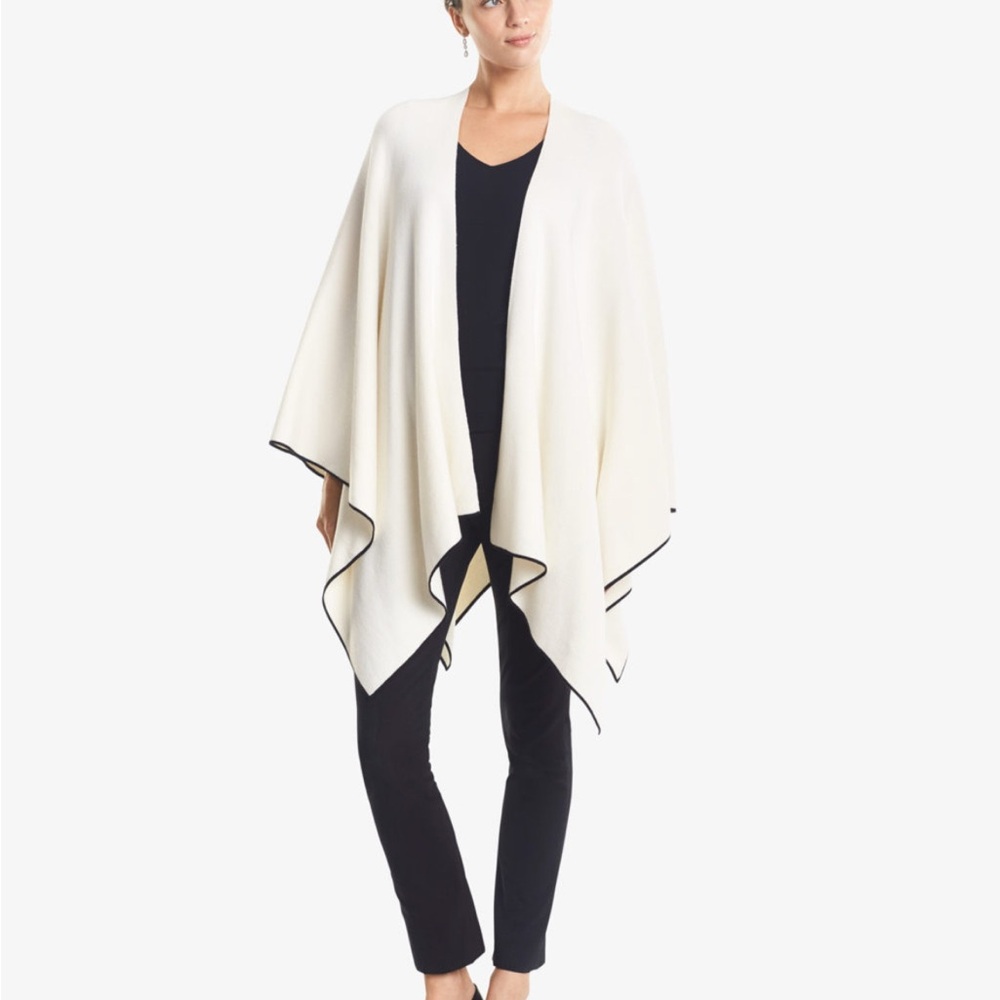 MM LAFLEUR Angelou Shawl Contrast Ivory Poncho with Black Trim NWT - Picture 4 of 9